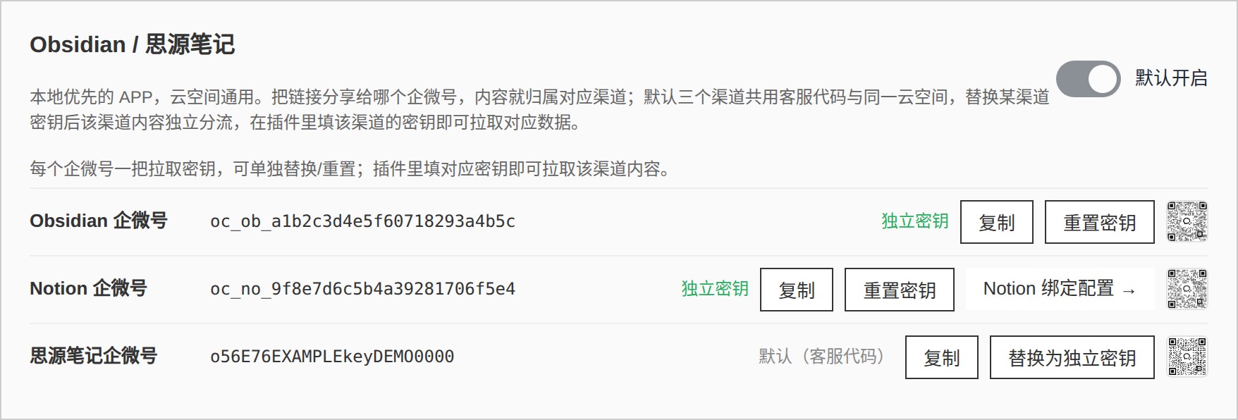 同步目的地里三个企微号的渠道密钥，每个都可单独替换为独立密钥
