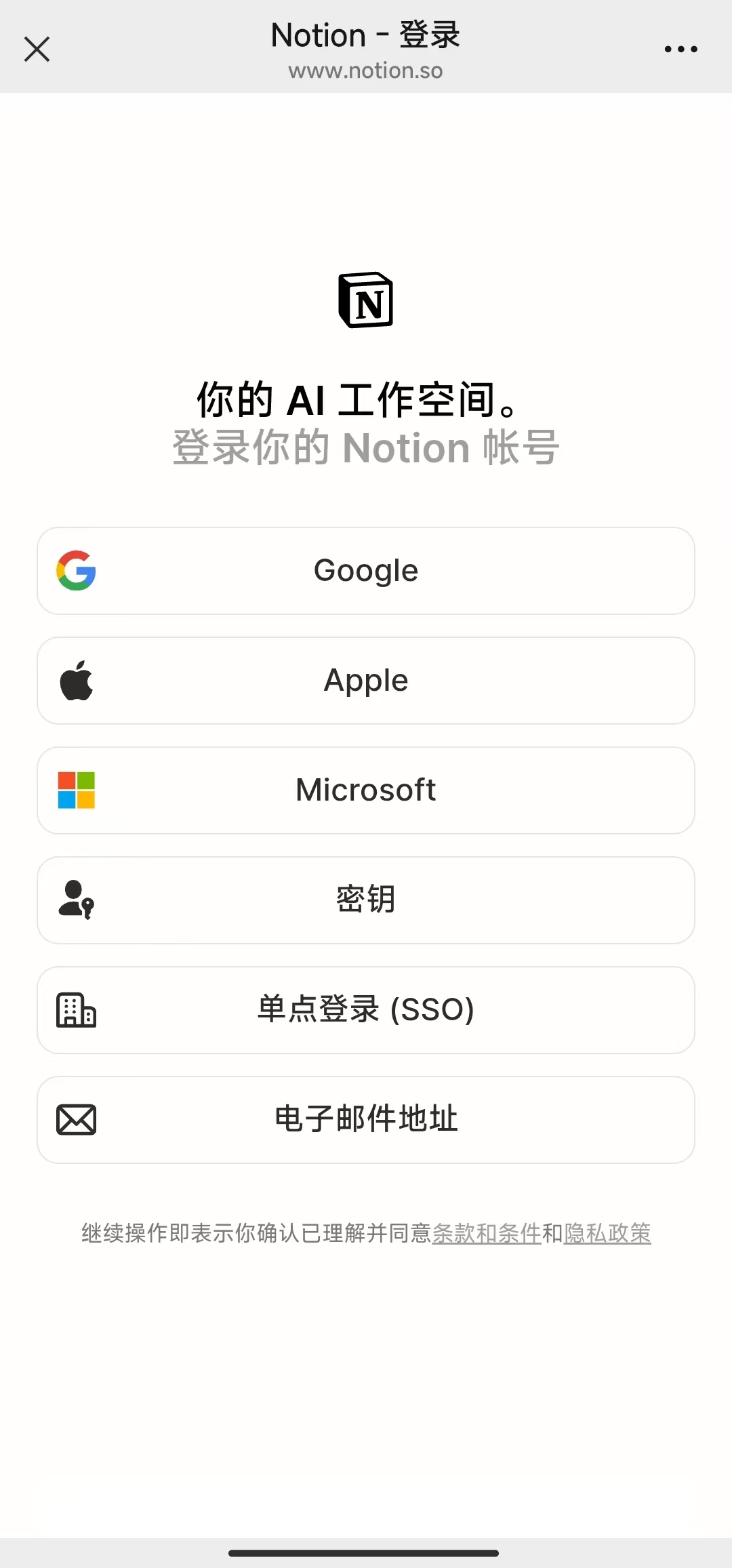 Notion 登录页：选你的常用登录方式登录